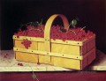 Una cesta de madera con uvas Catawba William Harnett bodegón
